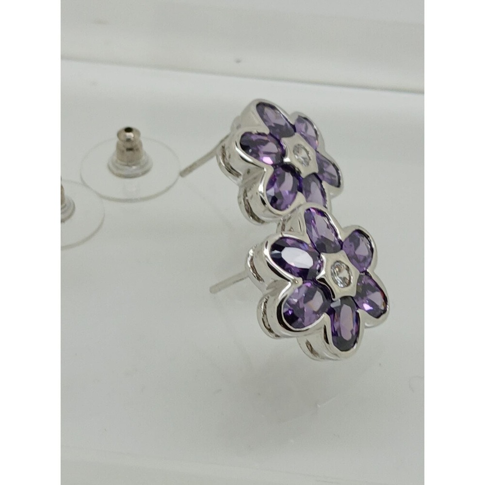 Vintage 1990s Purple Flower Stud Earrings Cubic Zirconia Silver Tone Sim Diamond - Picture 14 of 17